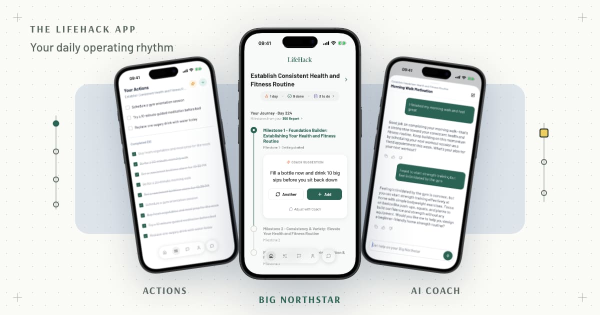 LifeHack app composition: Actions, Big Northstar dashboard, and AI Coach screens