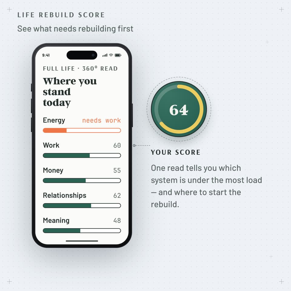 Life Rebuild Score field guide: app read of each life system beside a single overall score