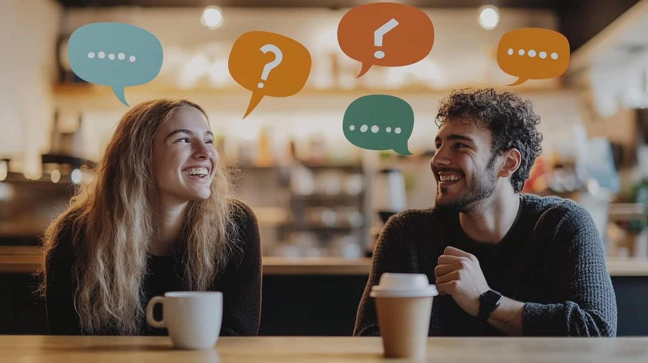 Two strangers at a cafe counter, mid-laugh over coffee. Speech bubbles with icebreaker questions float above.