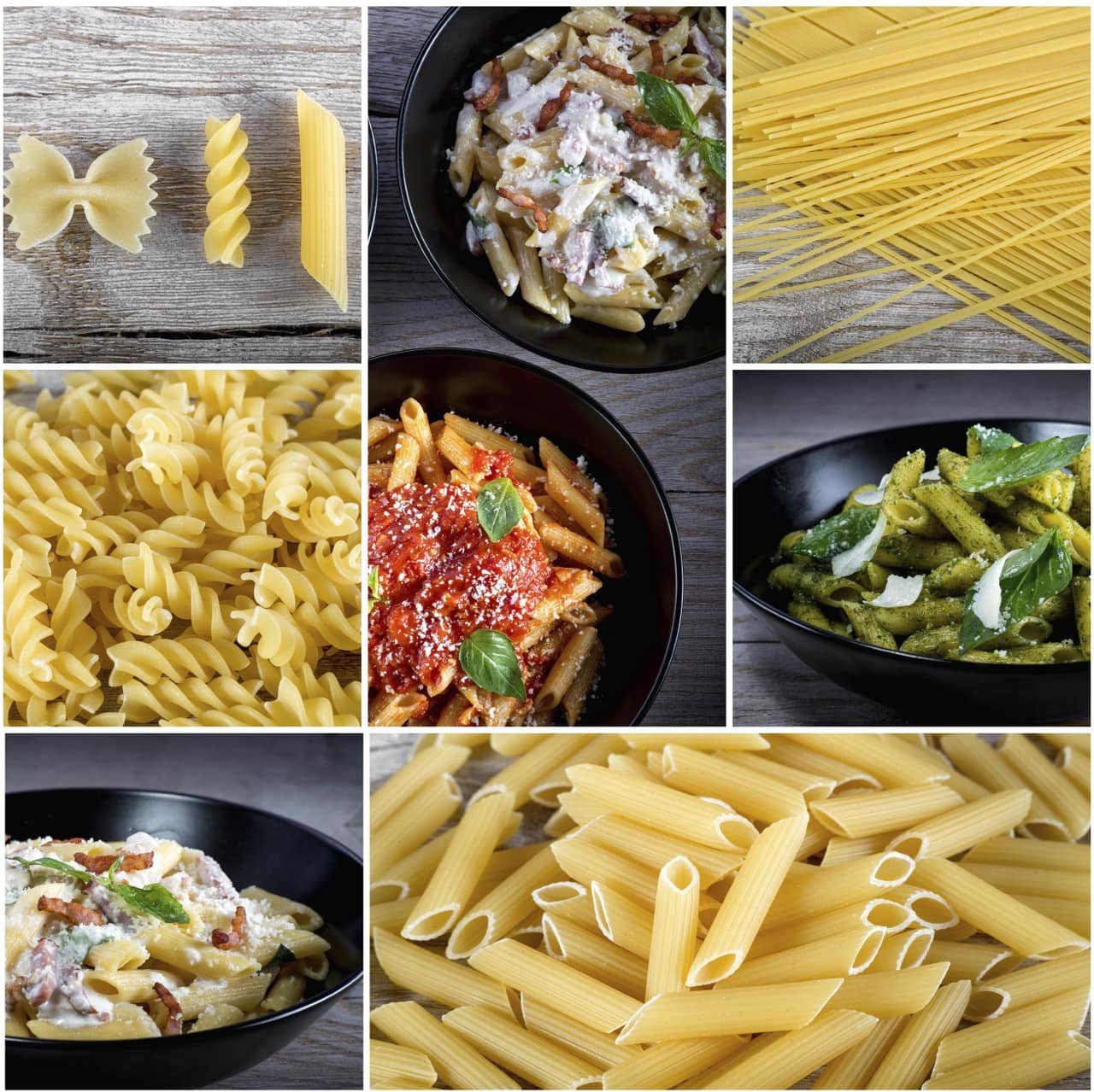Italian food collage with dried pasta and cooked pasta with sauces. Top view