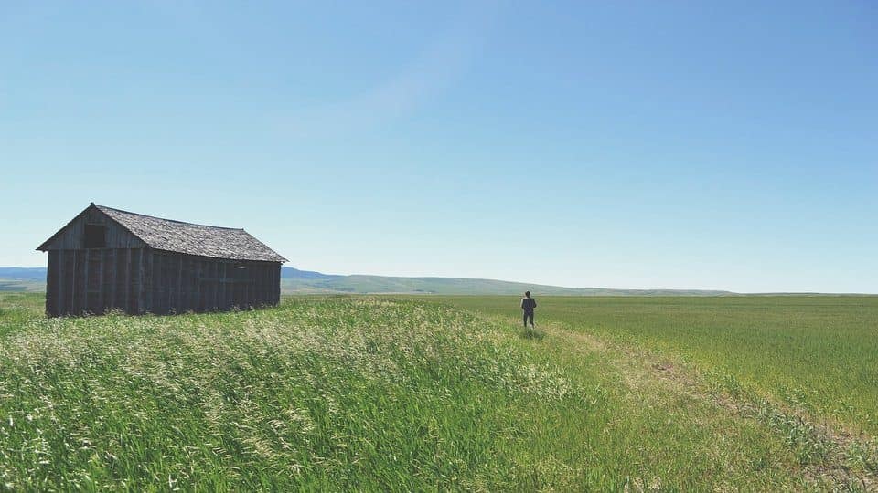 Image of a man running toward a house under a morning sky