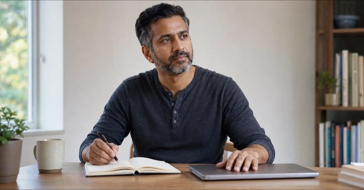 A man in his mid-40s at a desk with a notebook, weighing a career change at 40 with calm, deliberate consideration.