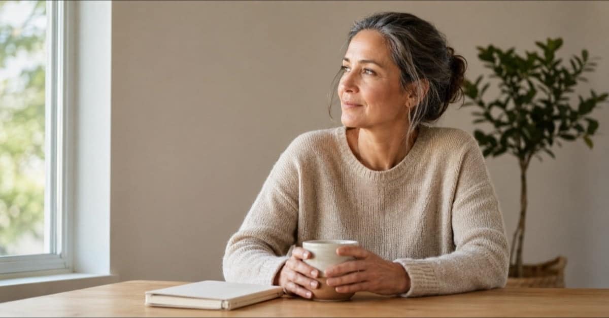A woman in her early 50s at a kitchen table in morning light, calm and considering the start of a life rebuild.