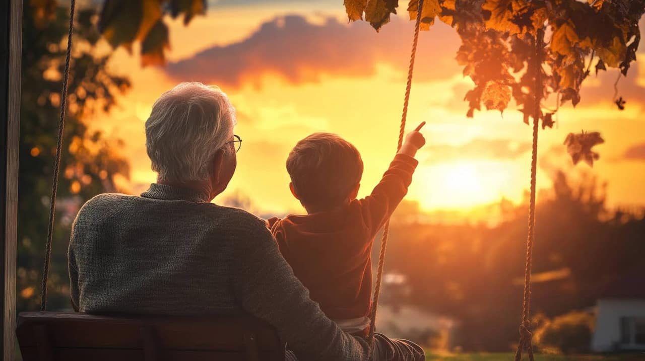 An elderly person and a child sitting on a porch swing, looking at a vibrant sunset. The child is pointing at the sky, the elder smiling warmly.