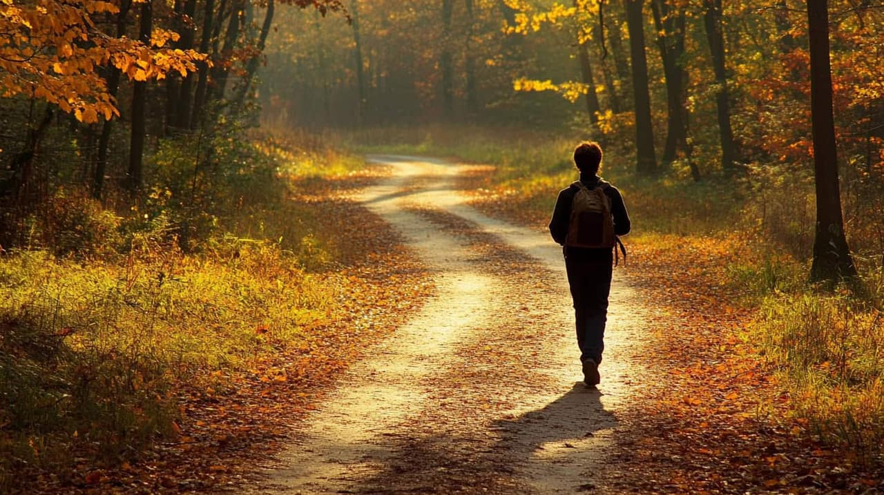 Person walking alone on a winding path through autumn woods. Camera from behind, figure slightly off-center.
