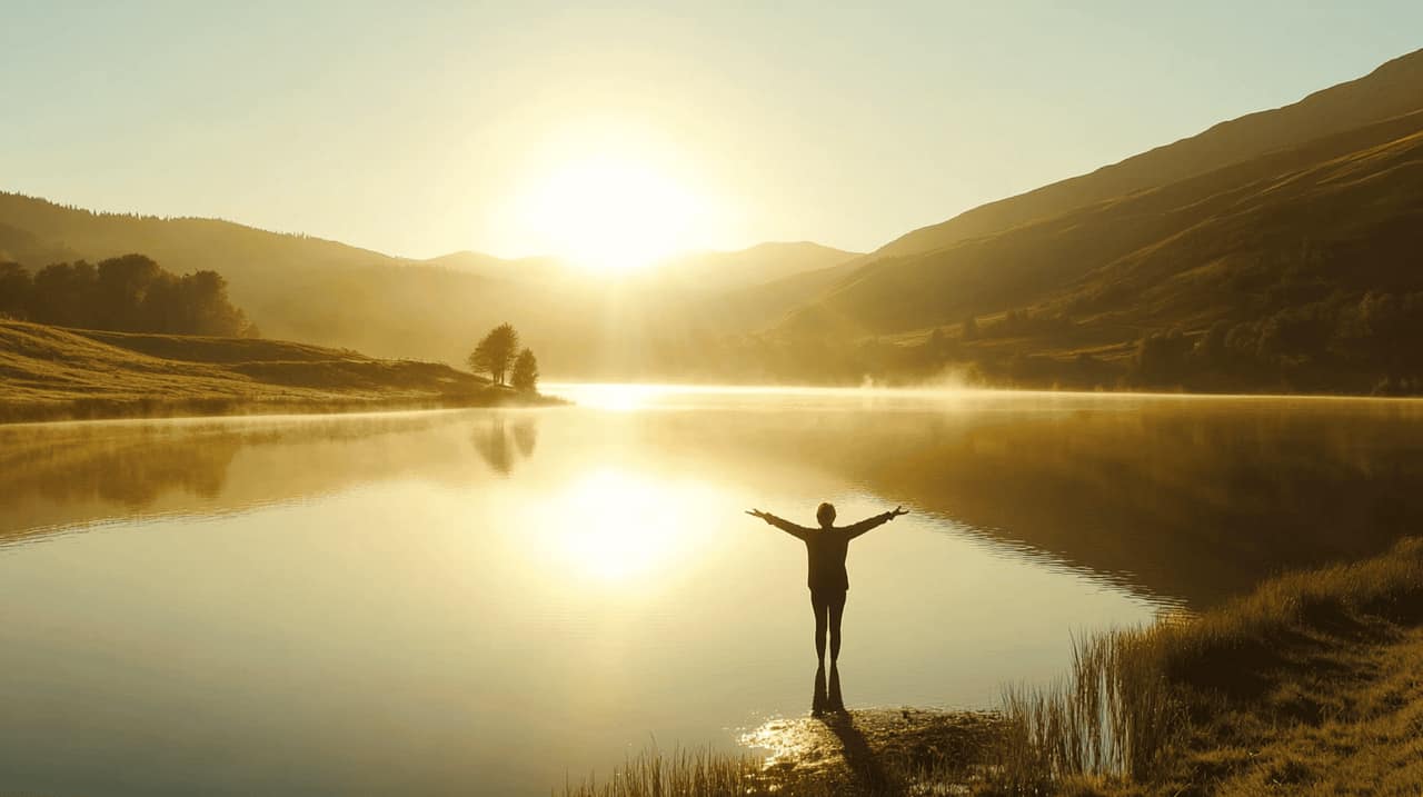 A serene and calming scene of a person standing at the edge of a peaceful mountain lake during sunrise