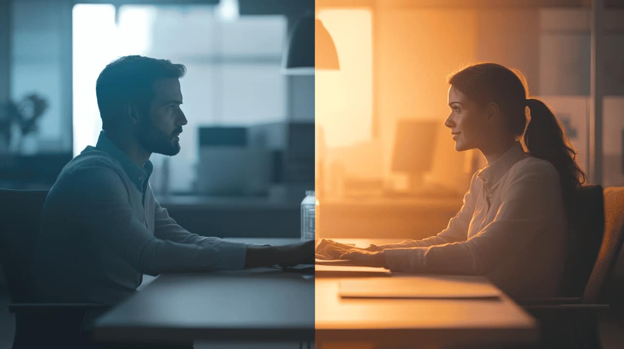 A split-screen image of two scenes in a modern office setting. On the left: two professionals with tense body language, avoiding eye contact, sitting across a table with visible space between them. On the right: the same two people now leaning in, smiling, and gesturing animatedly in conversation. A faint, warm glow surrounds them. The lighting shifts from cool and harsh on the left to warm and inviting on the right.
