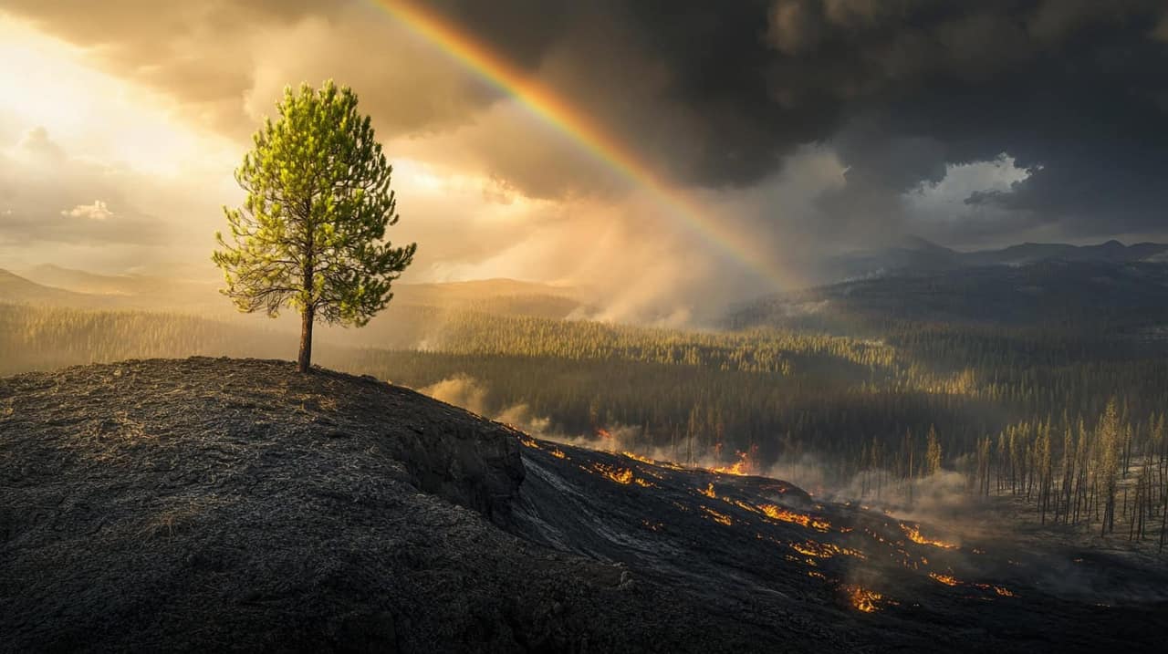 A lone tree standing tall on a cliff edge after a forest fire. Charred landscape all around, but the tree is green and alive. Stormy sky in background with a rainbow emerging.