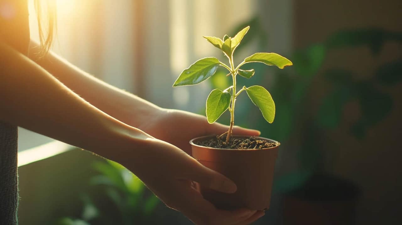 A person tending to a small indoor plant, watering it carefully. Soft natural light from a nearby window.