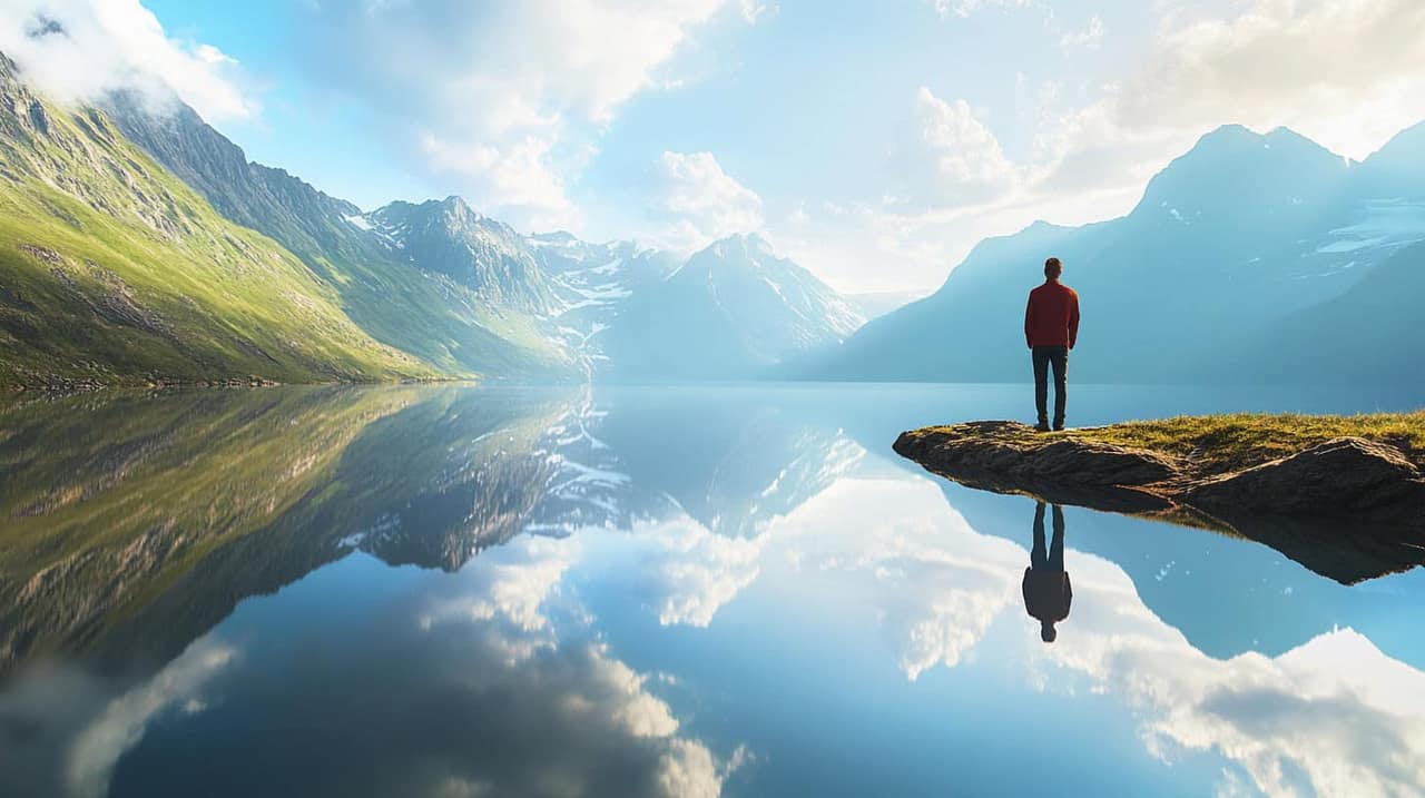 Person standing at edge of still mountain lake. Perfect mirror reflection in water. Figure in contemplative pose, hands in pockets, gazing at their reflection.