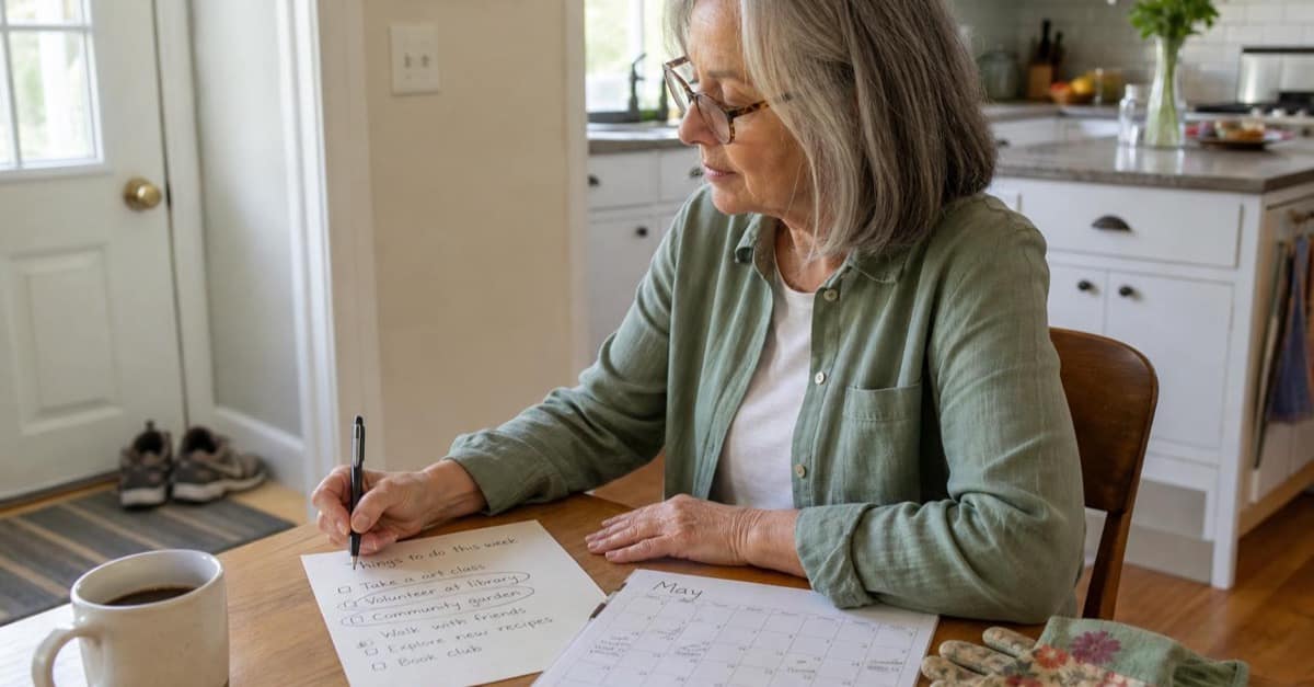 A retired woman circles activities on a handwritten list beside a paper calendar, walking shoes, library card, and gardening gloves.