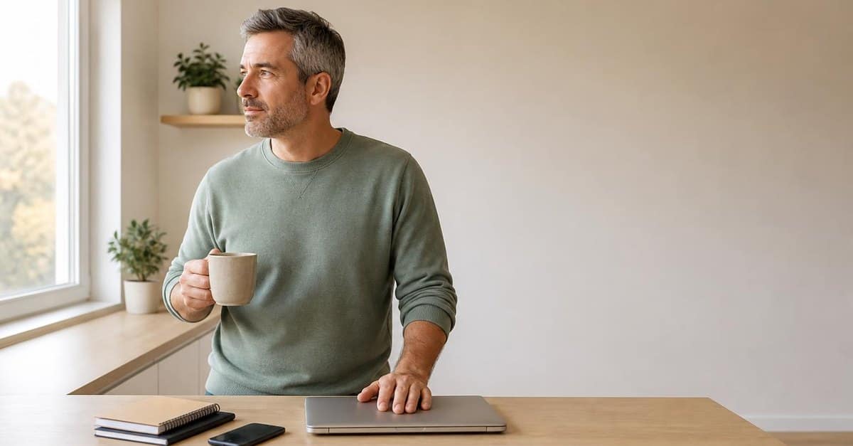A man in his late forties standing at a bright kitchen counter with one hand resting on a closed laptop, holding a mug and looking out of the window.