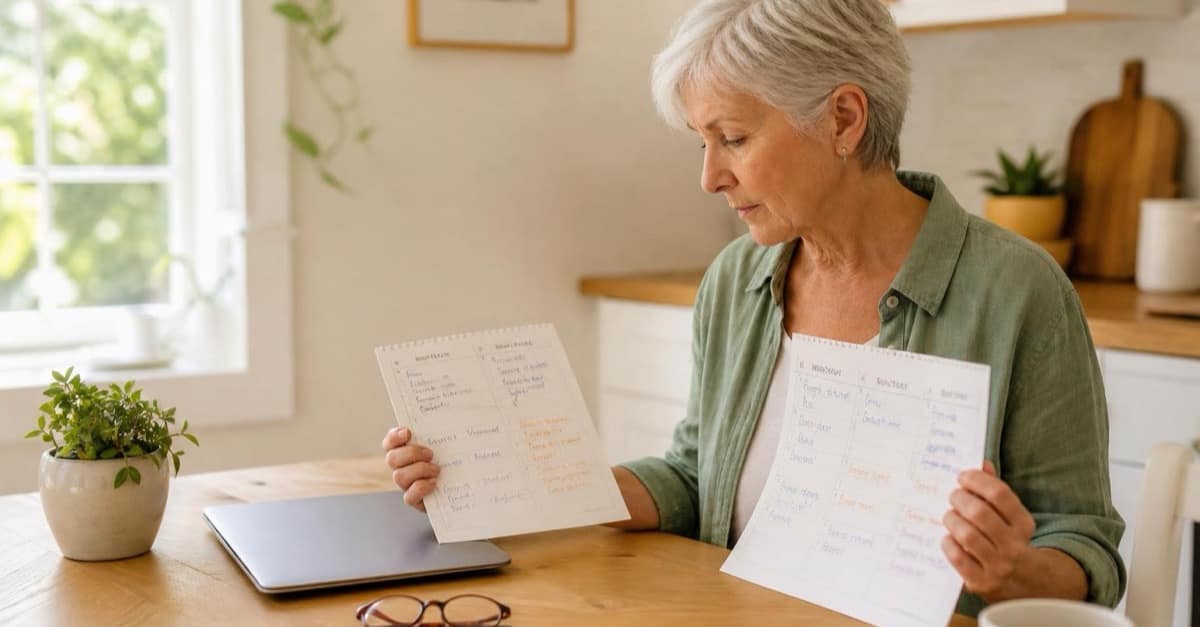 A retired woman compares two weekly job schedules at a bright kitchen table beside a closed laptop and reading glasses.