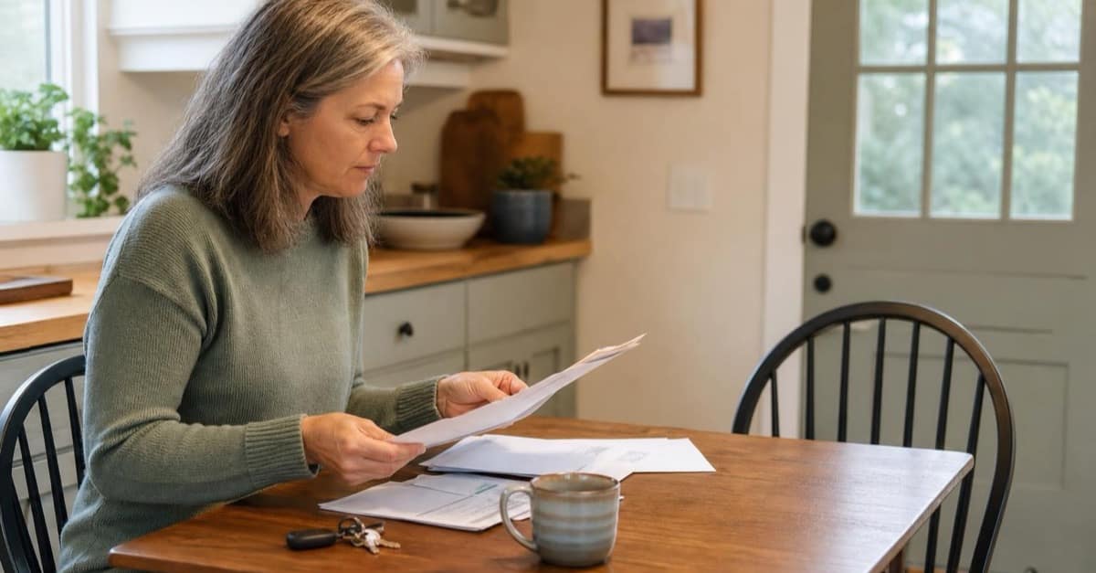 A woman in her early fifties calmly reviews household papers at a bright kitchen table with keys, a mug, and an empty chair nearby.