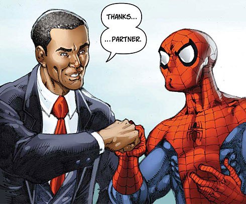 Marvel comics - Superheroic fist bump: Barack Obama and Spider-Man.