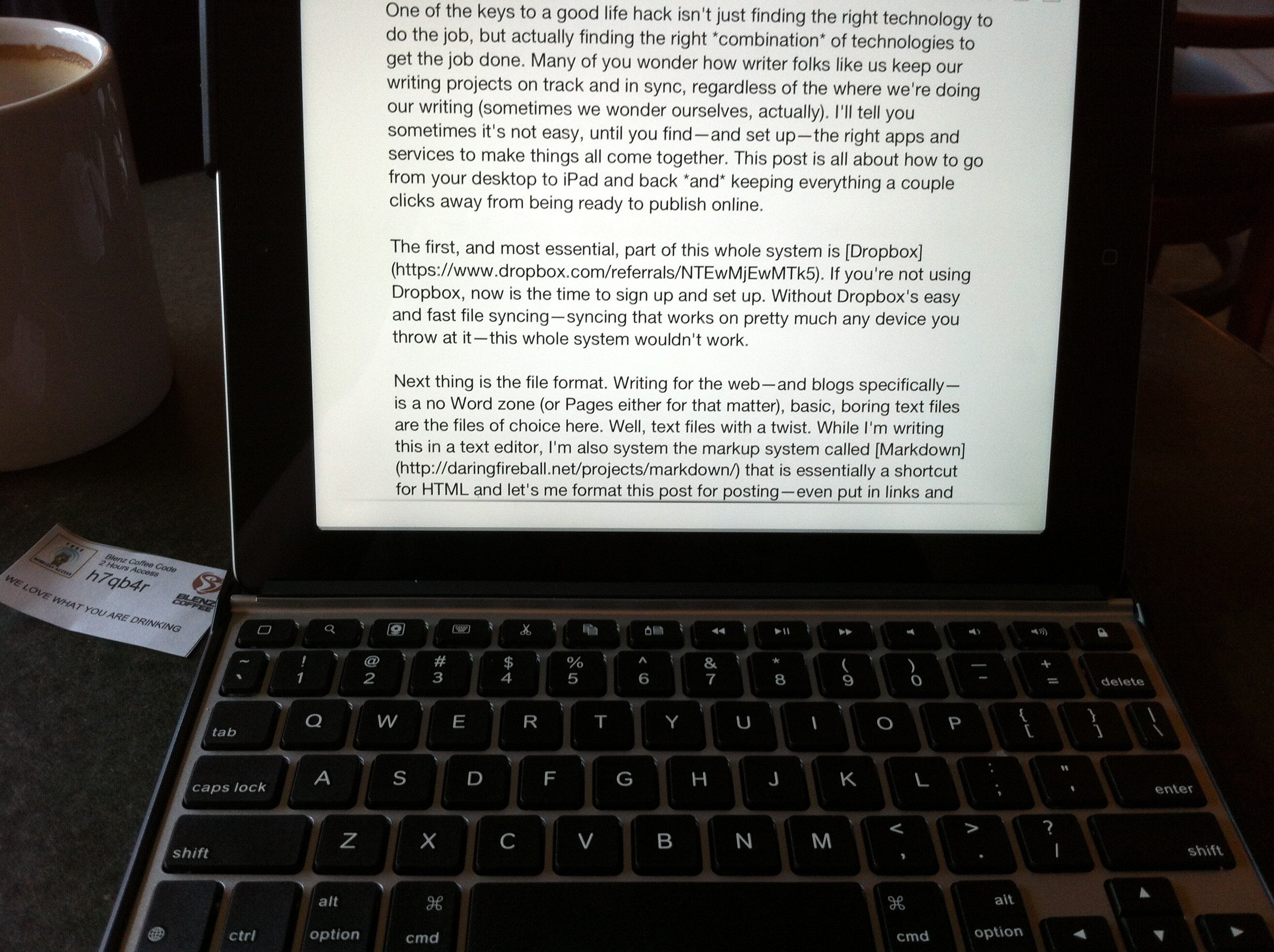 Desktop to iPad Blogging Workflow with Scrivener, Elements, Dropbox, and Marked