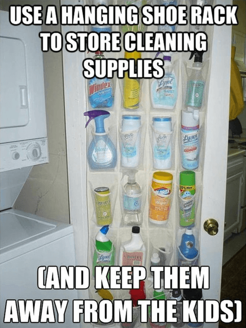 use a hanging shoe rack to store cleaning supplies