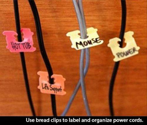 use bread clips to label and organize power cords
