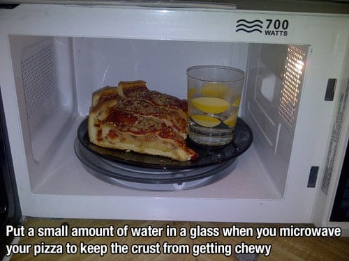 put a small amount of water in a glass when you microwave your pizza