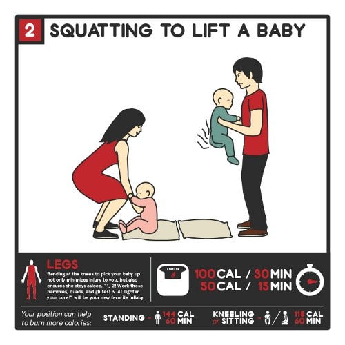 squatting to lift a baby