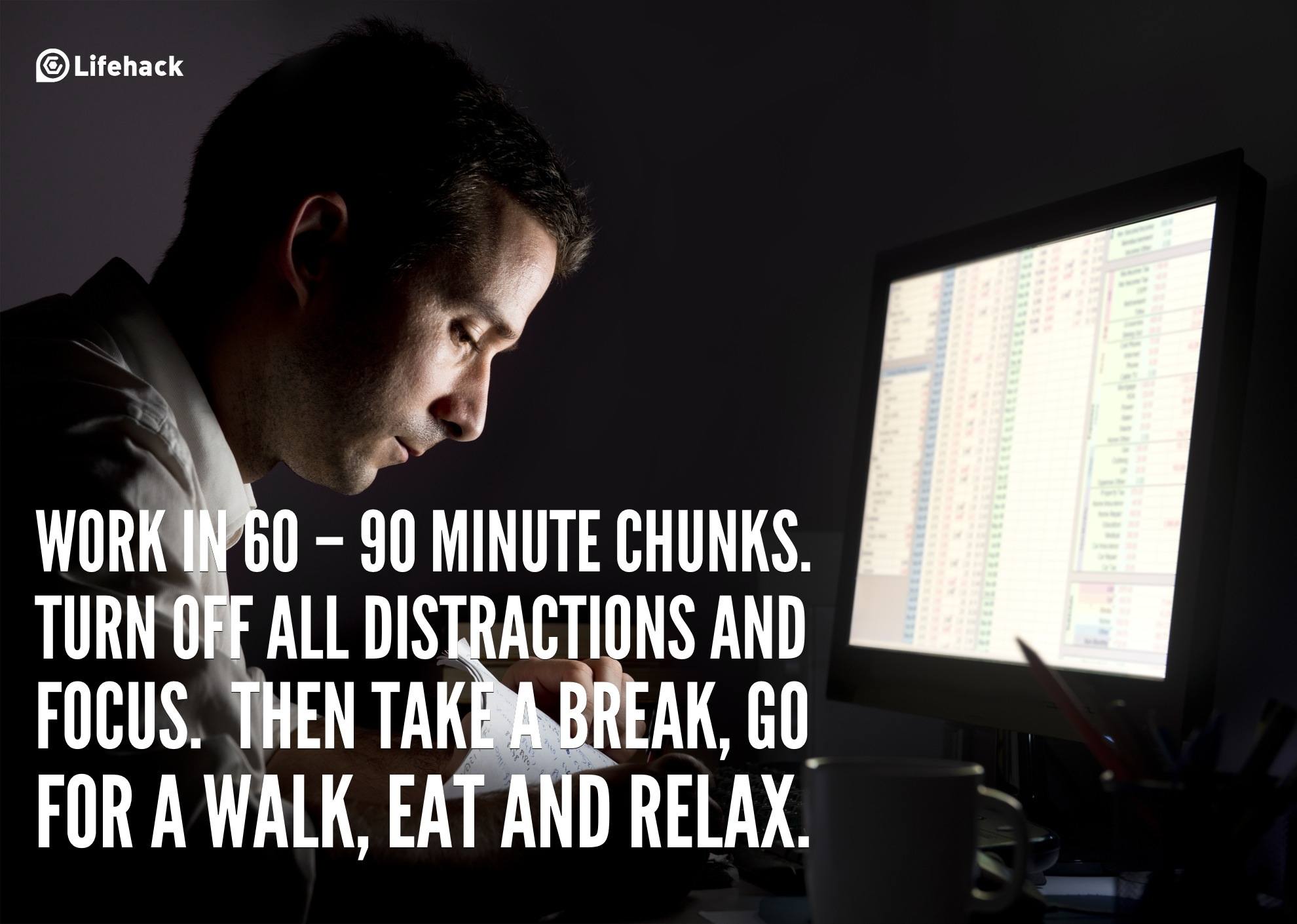 30sec Tip: Work in 60 – 90 Minute Chunks