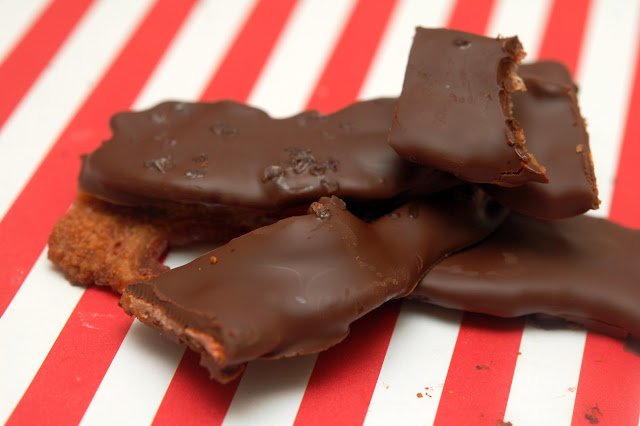 Chocolate-Dipped Bacon Candy With Sea Salt