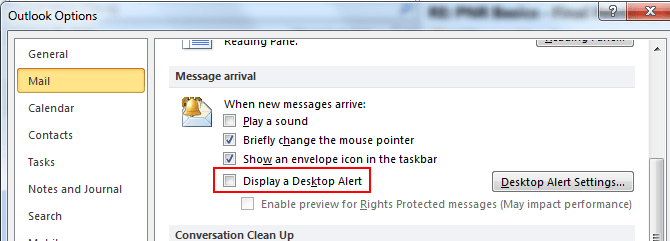 Outlook - Disable Desktop Alert