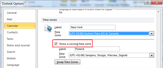 Outlook - Two time zones set