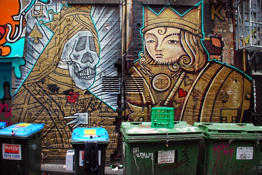 graffiti and rubbish bins