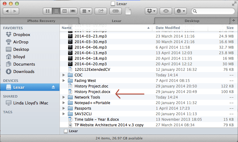 Picture of the Finder window showing that the homework file is missing