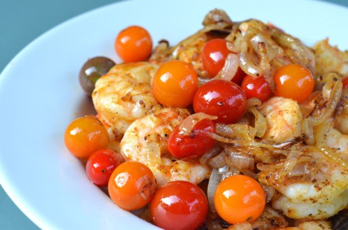 Sauteed Shrimp with Onions and Cherry Tomatoes