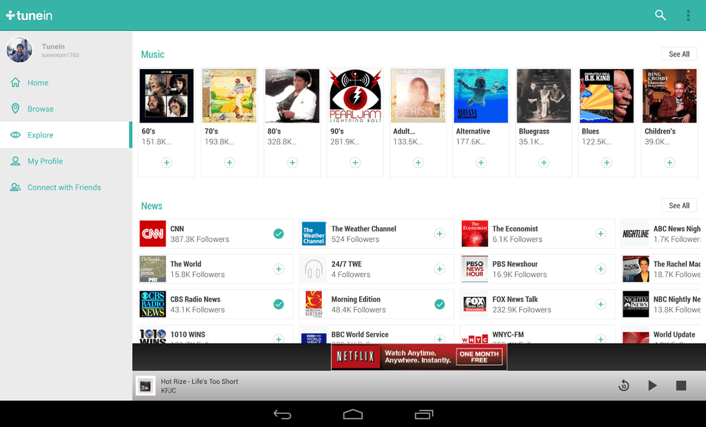 TuneIn Radio Music app for Android