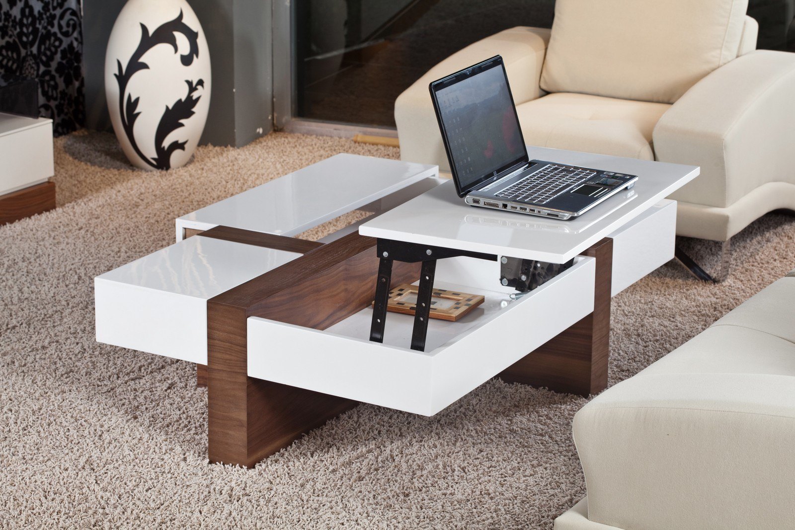 Modern coffee table with storage drawer and lift top white and natural walnut color combo