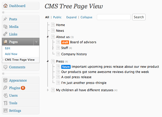 CMS Page Tree View
