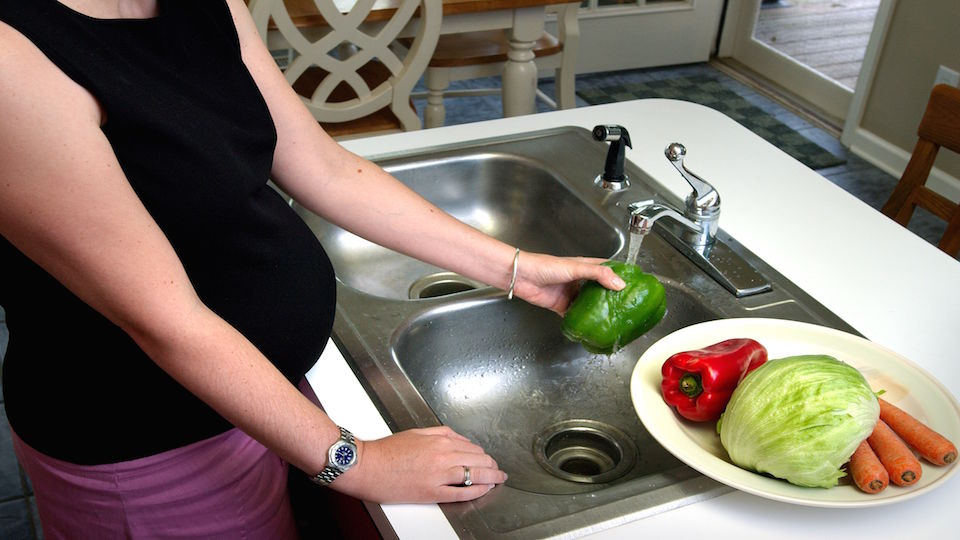 Pregnant woman in the process of washing a batch of assorted produce prior to the preparation of a salad