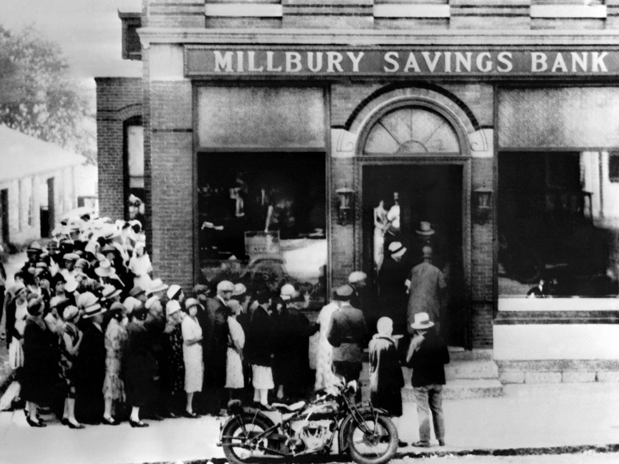 This photo dated October 24th, 1929, shows a view of people rushing to a saving bank in Millbury, Massachusetts as the stock market on Wall Street crashed, sparking a run on banks that spread across the country.