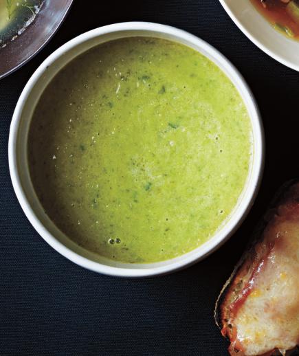 Pea And Lettuce Soup With Ham And Cheese Tartines