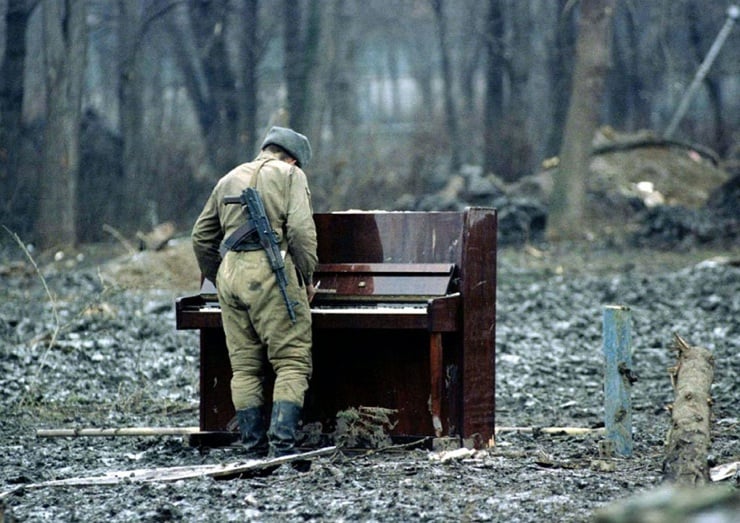 Solider playing piano