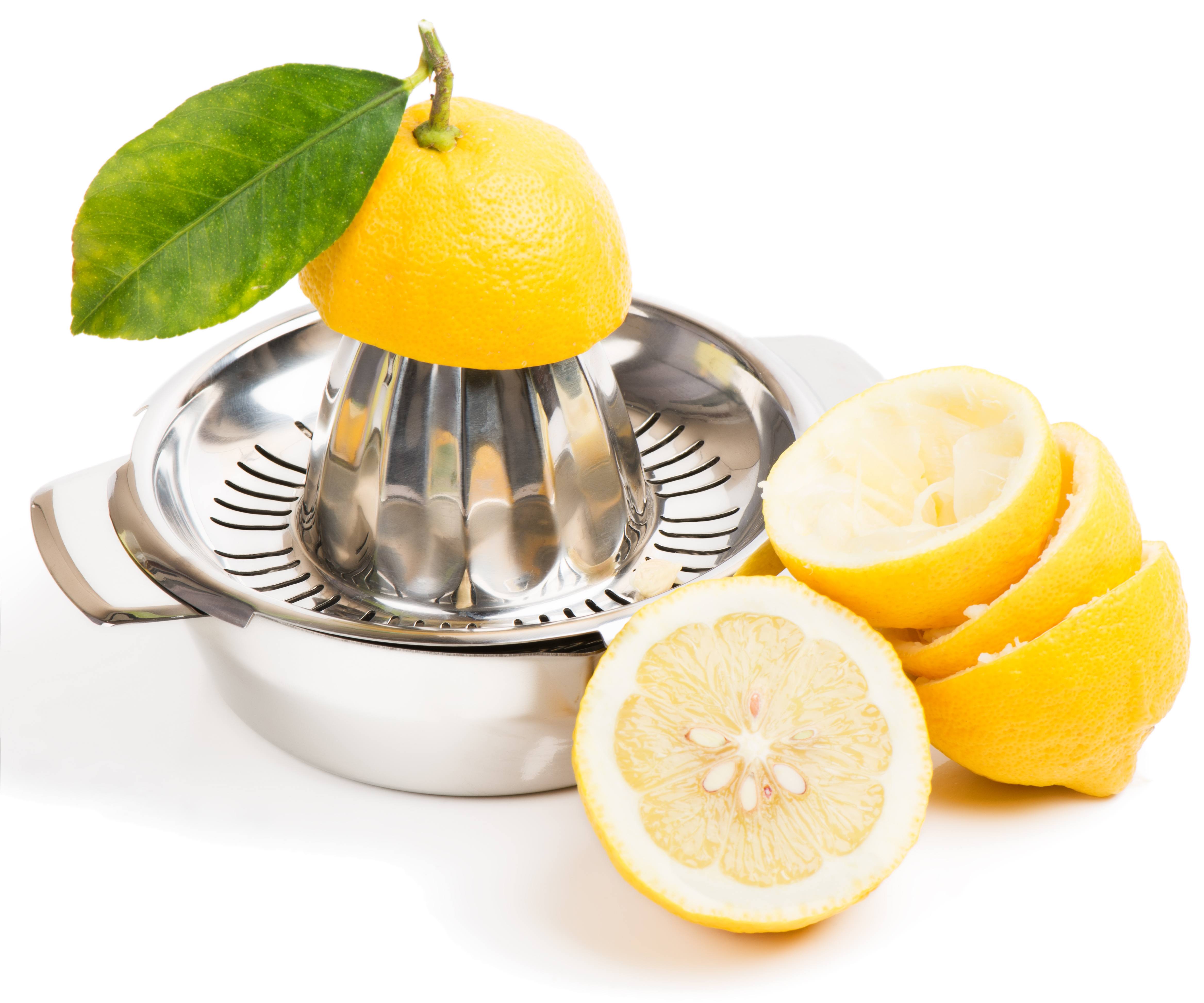 fresh lemon, making lemon juice with squeezer isolated on white background