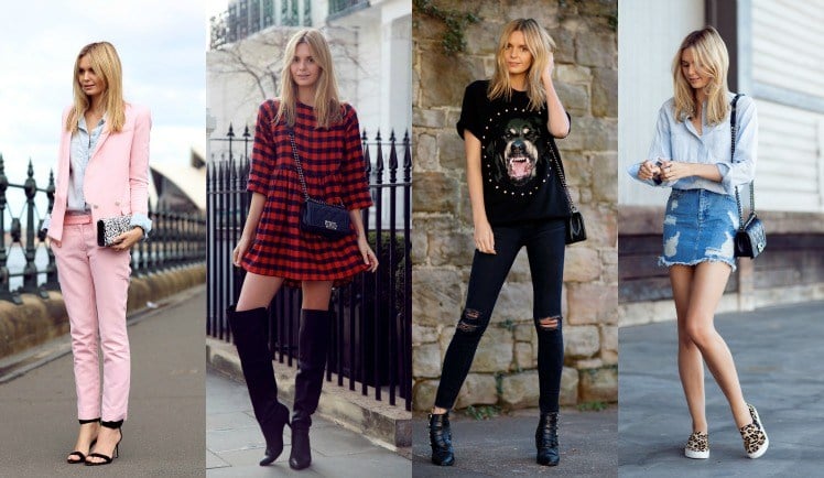 A woman in various outfits showcasing fashion