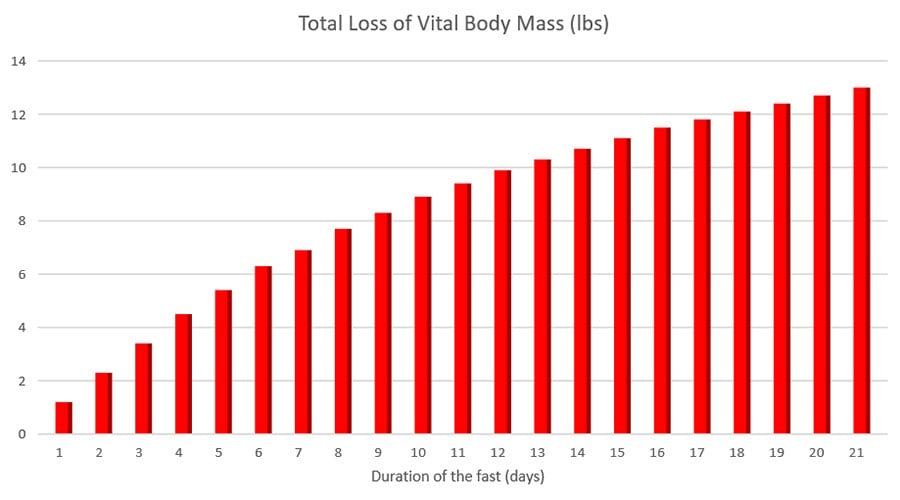 Total loss of vital body mass during water fasting
