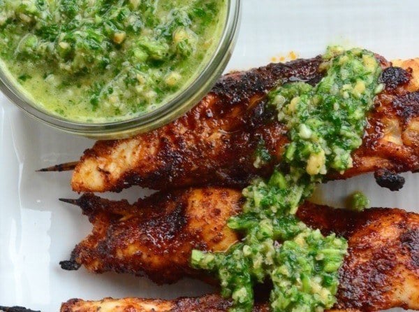 Grilled Chili Chicken Skewers with Cilantro Lime Pesto