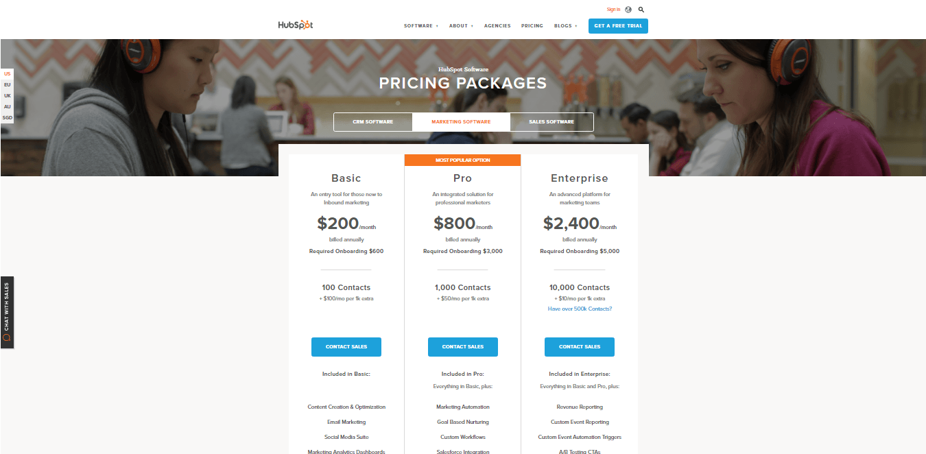 Screenshot, HubSpot pricing packages. 