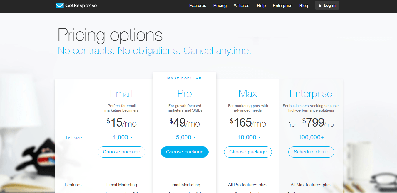 Screenshot, GetResponse pricing packages. 