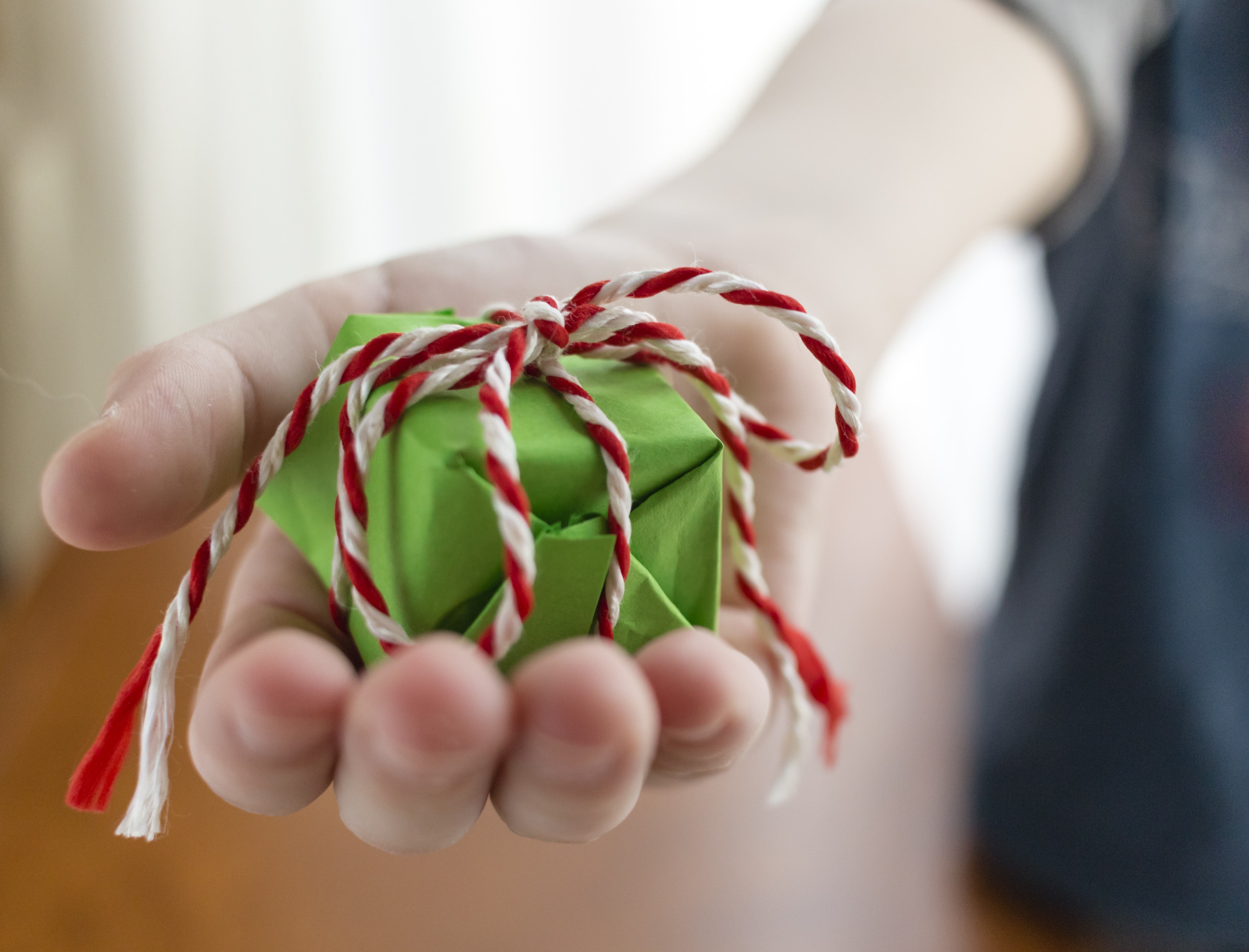 Child giving a gift in green wrapping and a red and white bow.
