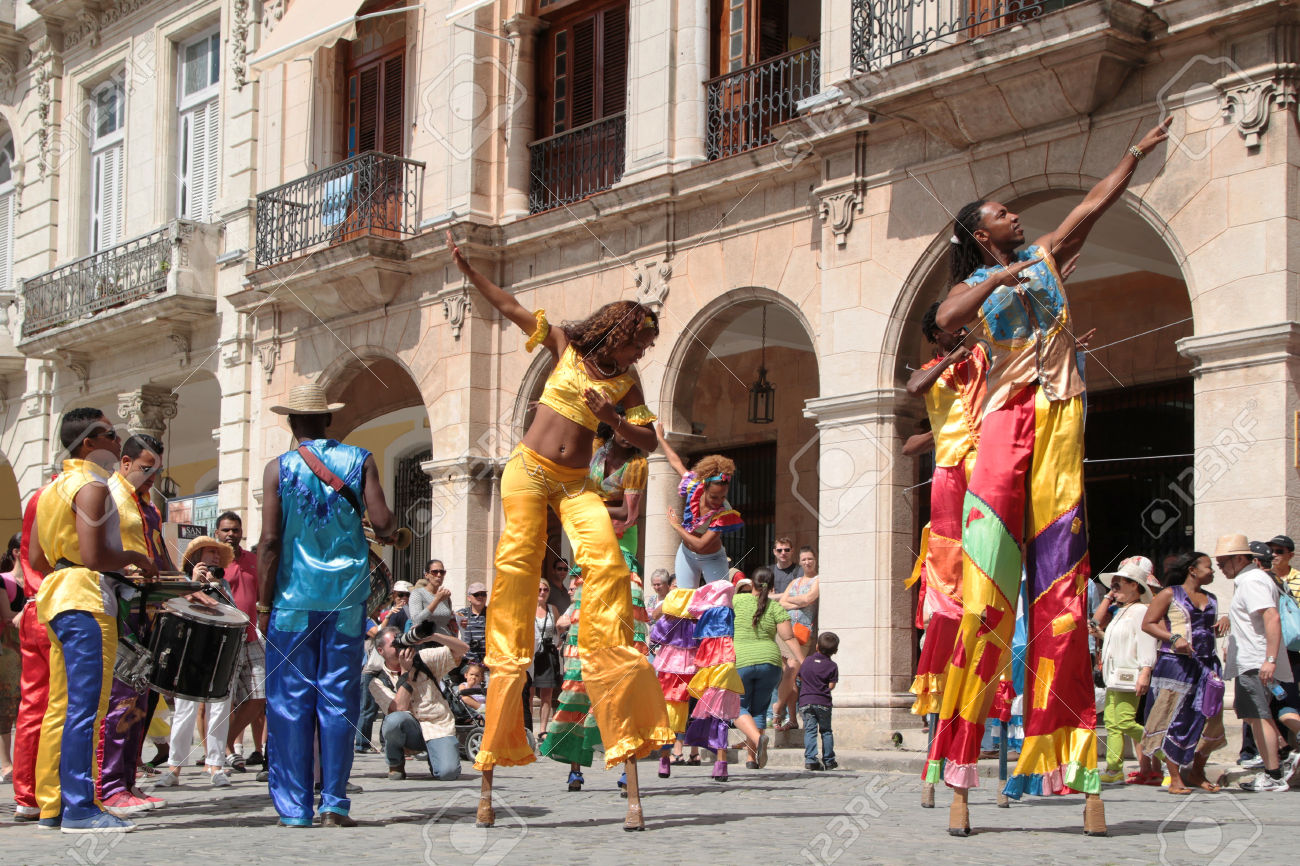 HAVANA, CUBA, FEB . 16, 2014 : Stilt performers in the streets of Havana. Havana will be the leading location inside the Caribbean and spotlight becomes engraved in Unesco Globe Heritage listing.