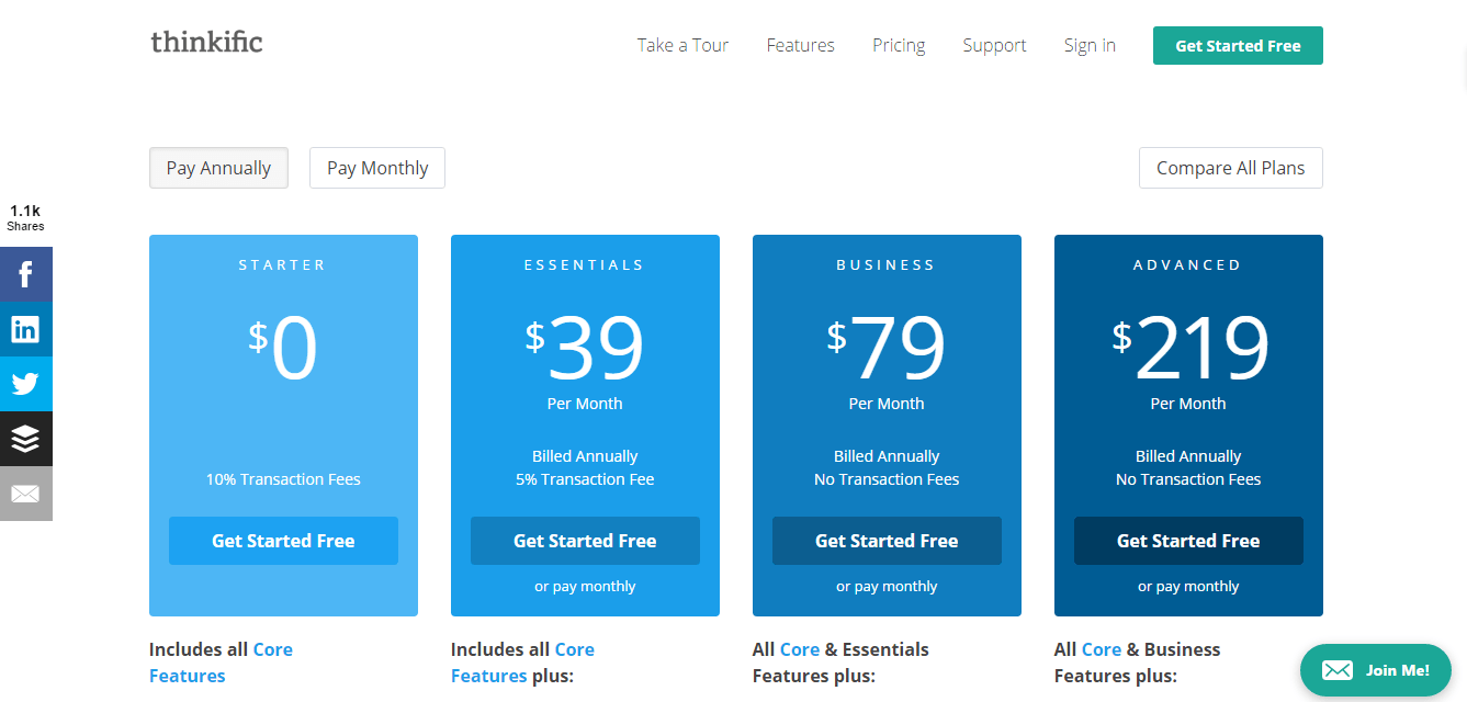 Thinkific pricing screenshot