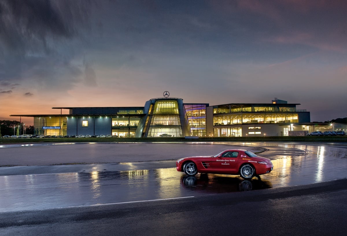 The Exterior of Mercedes Benz world taken the evening the Star was installed.