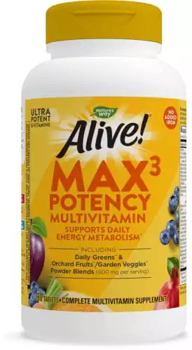 Nature's Way Alive! Max3 Potency Multivitamin, High Potency B-Vitamins, No Iron, 180 Tablets