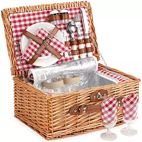 ZORMY Wicker Picnic Basket for 2 Person, Willow Hamper Basket Sets with Insulated Compartment, Handmade 2 Person Picnic Basket Classical Red Check with Utensils Cutlery Perfect for Picnic, Camping